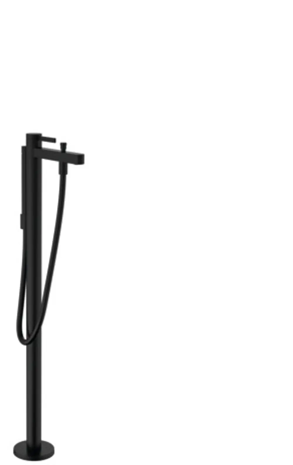 Bodenstehender Einhebel-Wannenmischer in Mattschwarz von Hansgrohe, mit schlankem Design und flexibler Handbrause, geeignet für moderne Badezimmerlösungen.